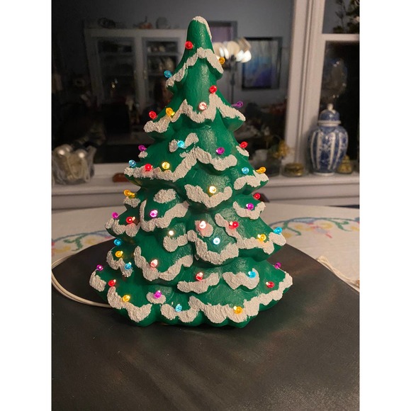 Handmade Ceramic Christmas Tree, Bright Matte Green with White Snow Accents - Picture 5 of 12